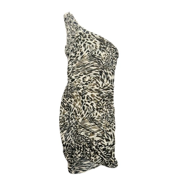 Y2K Body Central Sparkling Cheetah Print One Shoulder Body Con Padded Dress M/L - Picture 2 of 12